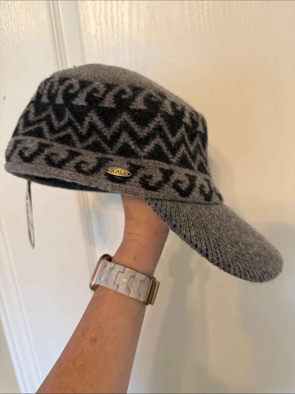 Scala Cadet Wool Visor Hat with Black Geometric Pattern